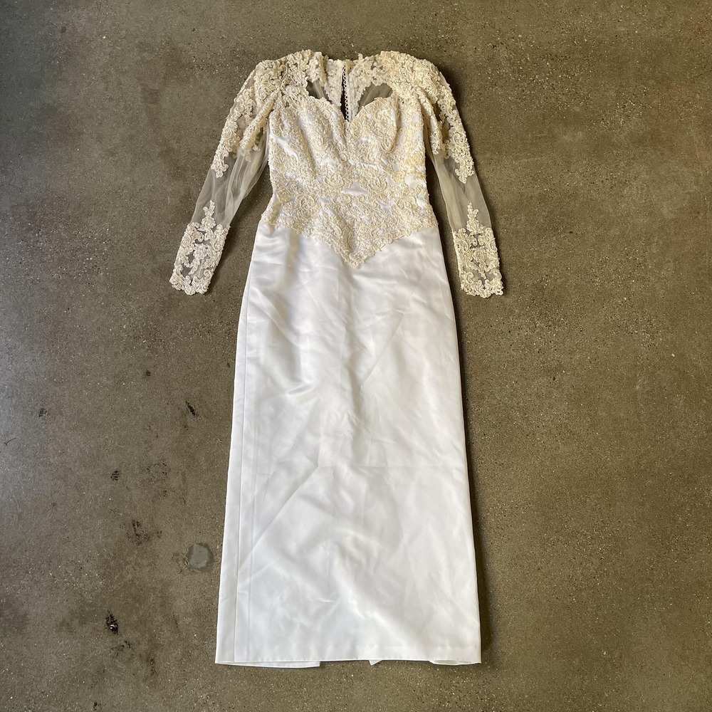 Gloria Vanderbilt Dress Womens 12 White Lace Beaded‎ Long Sleeve Wedding Gown